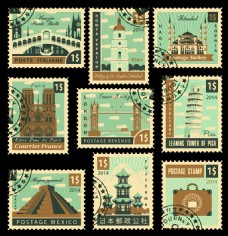 复古旅行建筑邮票插画