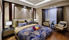 装修花纹现代时尚卧室蓝白色花纹床品室内装修效果图