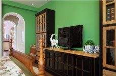 复古室内客厅绿色电视背景墙效果图