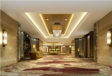 现代时尚酒红色花纹地毯酒店大厅工装效果图