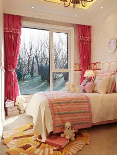 红粉公主现代粉色公主风卧室艳红色窗帘室内装修图