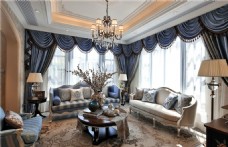 欧式客厅蓝色窗帘效果图