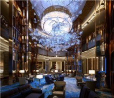 现代奢华酒店大厅白色水晶灯工装装修效果图