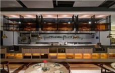 现代金属感餐厅深色点餐区工装装修效果图
