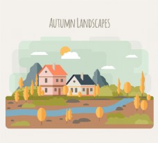 秋季河边建筑风景矢量