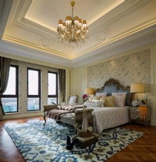 现代时尚卧室铜金色花纹背景墙室内装修图