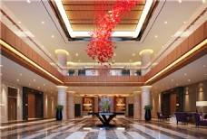 现代时尚酒店大厅红色吊灯工装装修效果图