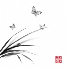 墨印背景新中式水墨画素材元素背景印章竹叶兰花蝴蝶