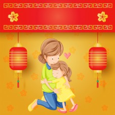 矢量手绘春节一家人幸福家庭灯笼海报背景