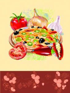 美食背景披萨美食花纹米黄菜单矢量手绘背景