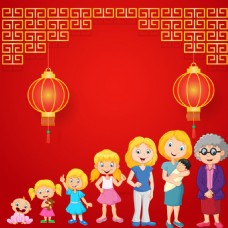 春节矢量手绘灯笼一家人幸福家庭灯笼