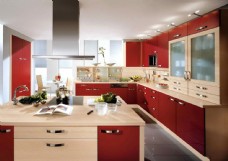 橱房现代别墅厨房红色橱柜装修设计效果图