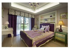 现代时尚卧室紫色床品室内装修效果图
