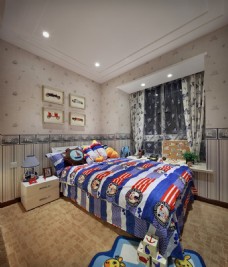 现代清雅卧室蓝色条纹床品室内装修效果图