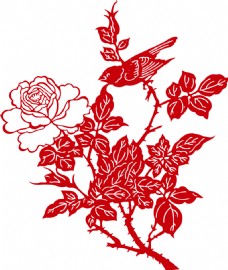牡丹红色鸟语花香剪纸图案元素