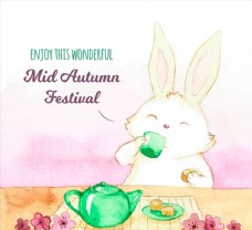 水彩绘中秋节饮茶兔子矢量素材