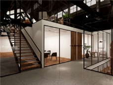 现代办公现代工业风办公室木制楼梯工装装修效果图