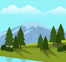 绿色山坡树木和远山风景矢量图