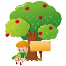 树木坐在树下的卡通小男孩