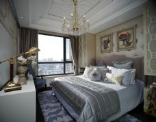 现代时尚卧室银色床品室内装修效果图