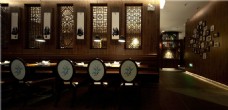 中式风情木制背景墙餐厅工装装修效果图