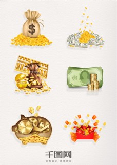 存钱罐一堆金币彩色元素图案