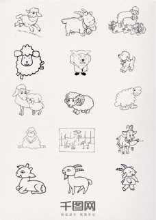 动物画黑色线条绵羊动物简笔画