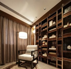 中式时尚木制书架书房室内装修效果图