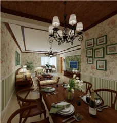 背景墙美式温婉风格客厅长方形餐桌室内装修效果图