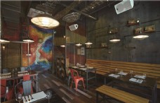 现代做旧感餐厅灰色背景墙工装装修效果图
