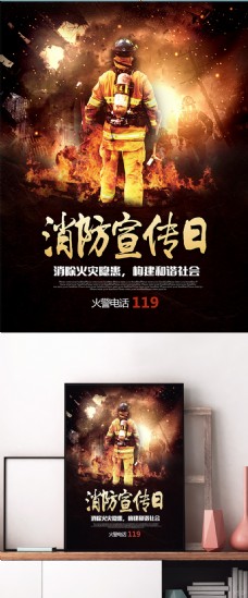 节日海报红色炫酷消防宣传日节日火灾119宣传海报