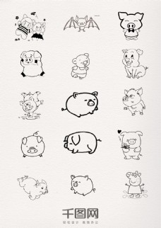 黑猪可爱黑色线条猪猪简笔画