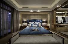 欧式轻奢卧室蓝色床品室内装修效果图