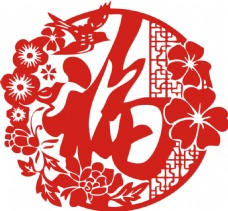 圆形形图案中国风红色圆形花朵福字剪纸图案
