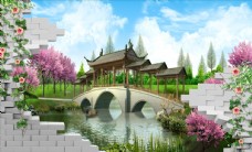 体设计牛立体墙花卉公园湖小桥古建筑亭子
