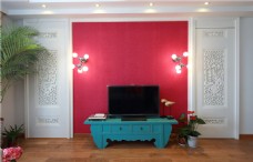 现代时尚浪漫玫红色背景墙客厅室内装修图