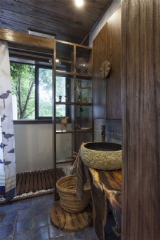 日式质感浴室木制背景墙室内装修效果图