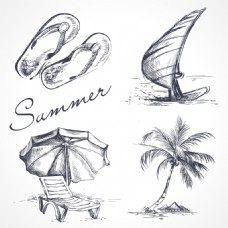 素描手绘夏天度假用品插画