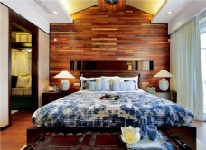中国风卧室床铺木质背景装修效果图