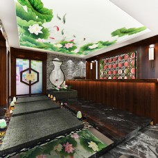 画中国风室内设计3D餐厅茶馆酒楼中式风格前台
