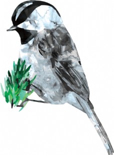 水墨画小鸟透明装饰素材