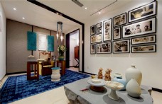 现代时尚客厅宝蓝色花纹地毯室内装修效果图