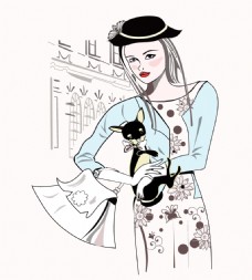 手绘抱小猫的时尚女人插画