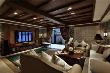 现代奢华木制天花板客厅室内装修效果图