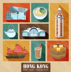 茶扁平创意香港建筑和美食插画