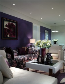 装修花纹现代时尚客厅紫色花纹沙发室内装修效果图