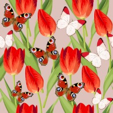 红色郁金香和蝴蝶背景