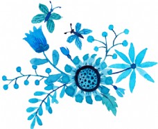 精致蓝色花卉卡通透明素材
