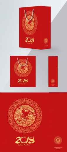 手提袋包装红色简约纸质中国图腾2018新年手提袋