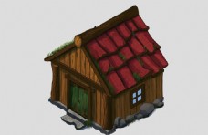 红房子手绘红瓦木房子免抠psd透明素材